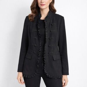 Chico’s Ruffle Trim Military Jacket Ponte Knit Black Mandarin Collar Size 2 L